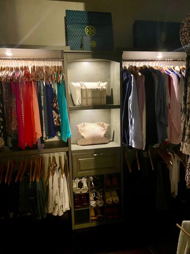 A neatly organized closet with hanging clothes and shelves of accessories.