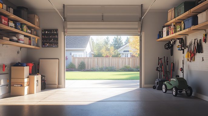 A bright garage with shelves, tools, and a view of a grassy backyard.
