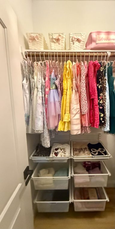 A neatly organized closet with hanging clothes and storage bins below.