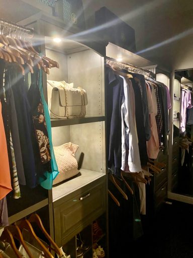 A modern wardrobe with neatly arranged clothes and shelves, softly lit.